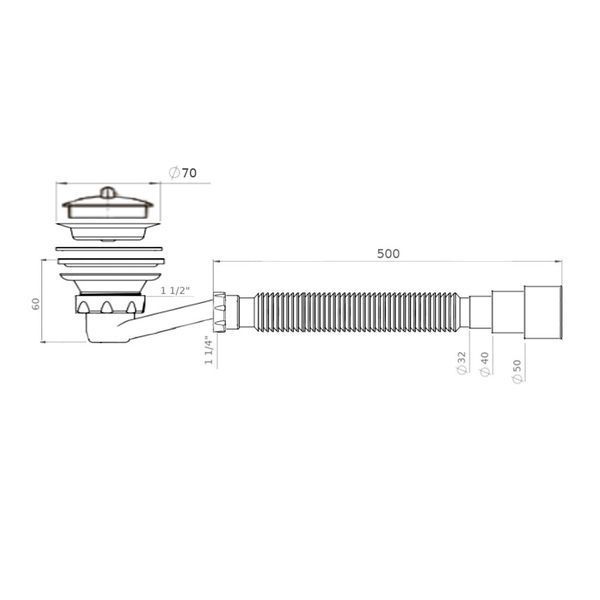 Сифон Waterstal SE 3860 для душ. піддона 1 1/2&Prime; низький з гофрою 32х32/40/50 17414 фото