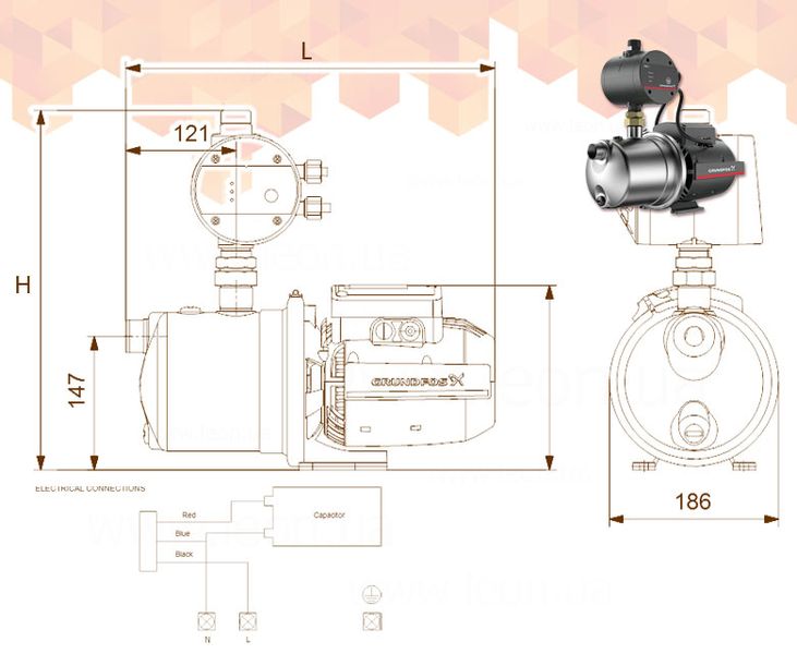 Самососающийся насос JP 3-42 PM1 1 x 230 V 0,72 кВт 1,5 м кабель GRUNDFOS 29546 фото