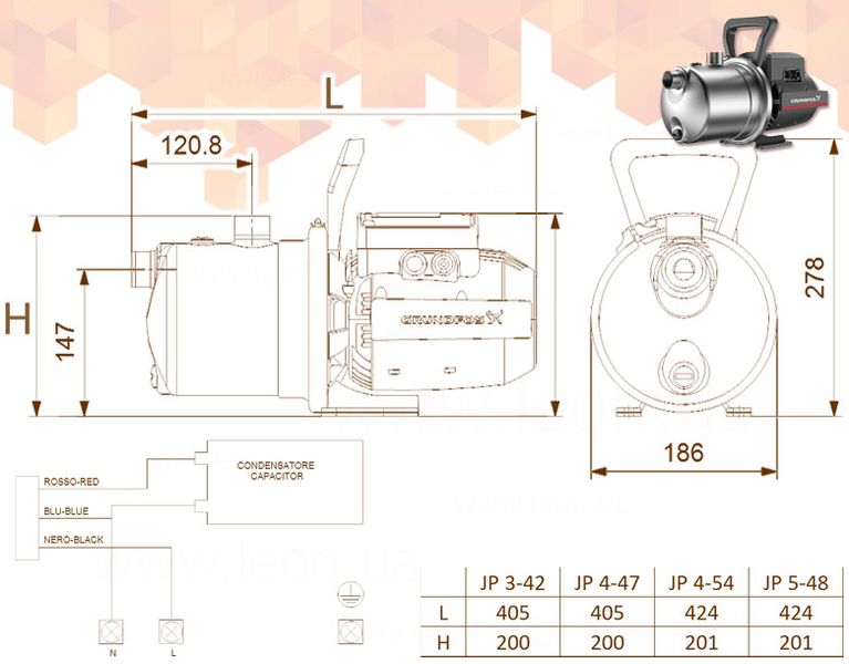 Самососающийся насос JP 3-42 1 x 230 V 0,72 кВт 1,5 м кабель GRUNDFOS 29548 фото