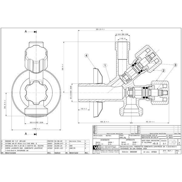 Кран двойной угловой для сантехприборов Ø1/2" х 3/8" х 3/4" VA Albertoni srl D902594 D902594 фото